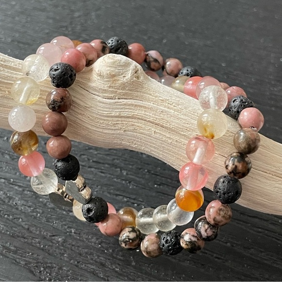 Pink and Black Natural Stone Beaded Bracelet Pink Tourmaline Lava Rhodonite - Picture 5 of 10